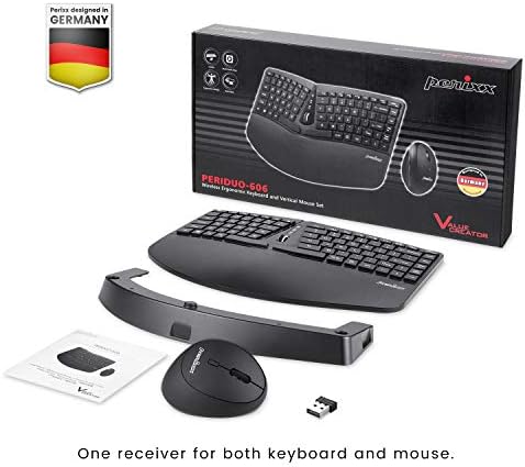 Perixx PERIDUO-606 Wireless Mini Ergonomic Keyboard with Portable Vertical Mouse - Adjustable Palm Rest Stand - Membrane Low Profile Keys - US English