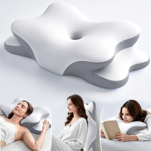 Ergo Pillow for Sleep Apnea, Neck Pain & Snoring Relief, Cervical Neck Pillow for Side Sleeper,Orthopedic Memory Foam w/Ergonomic Neck Support, Medium Soft (White, Queen Size)