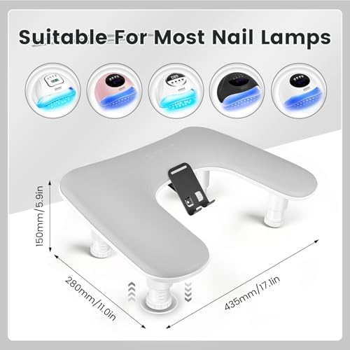JODSONE Gray U-Shaped Arm Rest for Nails Tech with Rotating Built-In Phone Holder and Adjustable Nail Arm Rest Detachable Manicure Hand Rest for Salon Design