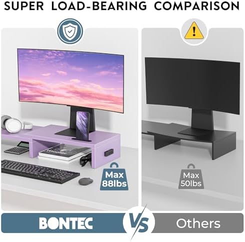 BONTEC Dual Monitor Stand Riser, Adjustable Length & Swivel Angle, Purple
