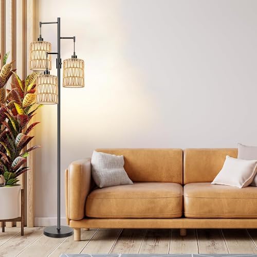 ZECOXOL Boho Floor Lamp for Living Room Bedroom-3 Light Dimmable Floor Lamp with Three Led Bulb, Rustic Tall Lamp Black Standing Lamp Tree Floor Lamps for Living Room Bedroom,Office,Corner