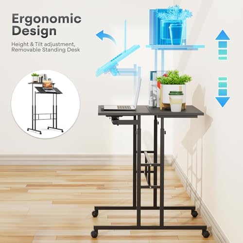 Athena Collection Rolling Standing Desk Small Mobile Table, Black
