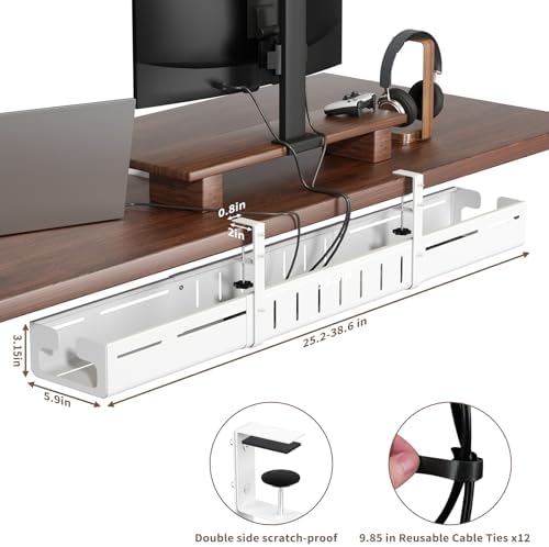 Under Desk Cable Management Tray, Expandable 25.2"–38.6" Cable Tray, White