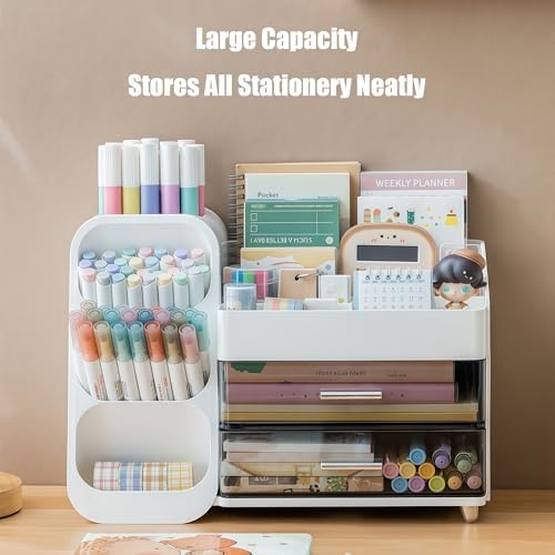 Desk Organizer with Pen Pencil Holder, Pen Organizer with 2 Drawers & 4 Compartments, Desktop Organizers and Storage for Office Home School Art Supplies (White)