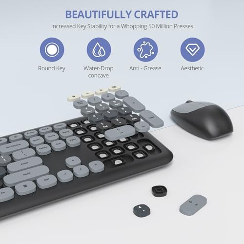 surmen Cute Keyboard and Mouse Wireless, Full-Size Retro Typewriter Wireless Silent Colorful Keyboard Low-Noise 2.4GHz for Home and Office (6-Gradient Dark)