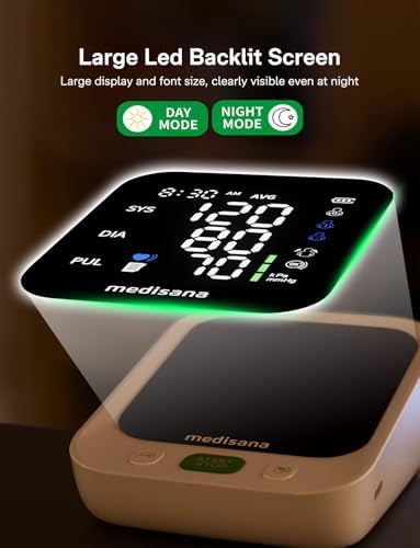 Blood Pressure Monitor with 2x199 Sets Memory, Medisana Automatic Upper Arm Blood Pressure Monitor for Home Use, 4.5" Color LED Backlit Display, Adjustable Large Cuff, Home Hypertension Detector