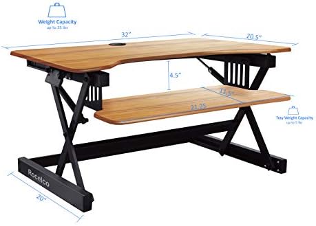 Rocelco 32" Height Adjustable Standing Desk Converter - Sit Stand Computer Workstation Riser - Dual Monitor Retractable Keyboard Tray Gas Spring Assist - Teak Wood Grain (R EADRT)