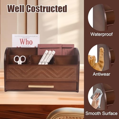 Brown Desktop Organizer with Drawer Storage, White Desk Organizer Mail Holder Mail Organizer Countertop Pen Holder Letter Sorter Make up Organizer for School Home Office Supplies
