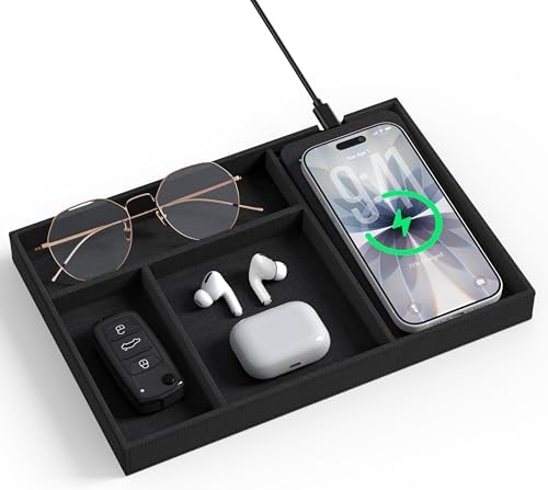 Valet Tray with Wireless Charger, Nightstand Organizer & Catchall Tray for Phone, Keys, Glasses and Accessories, Premium Linen, Stylish Desk & Bedside Storage Station, Black