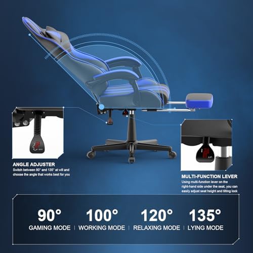 Huracan Gaming Chair with Footrest, Adjustable Ergonomic Computer Office Chair with Lumba Pillow, Video Game Computer Chairs for Adults, Racing Style Reclining Backrest Office Desk Chairs, Blue
