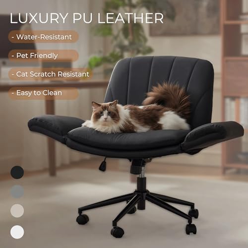 Dowinx Criss Cross Chair with Five-Level Adjustable Arms and Wheels - Comfortable Ergonomic PU Leather Swivel Vanity Chair - Computer Makeup Gaming Chair for Home Office,Bedroom,Vanity Room-Light Grey