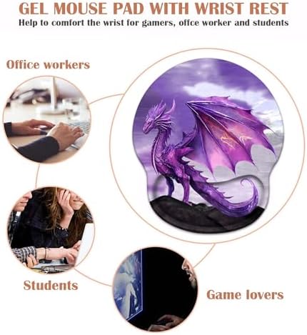 Ergonomic Mouse Pad Wrist Support and Cute Coffee Coaster, Non Slip PU Base Mouse Pad Wrist Rest for Computer, Office Gaming, Working, Easy Typing & Pain Relief, Purple Dragon