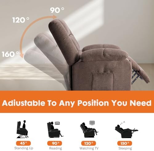 Sweetcrispy Power Lift Recliner Chair with Vibration Massage and Heat for Adults, Ergonomic Overstuffed Breathable Fabric Reclining Chair with Side Pockets, Remote Control, Living Room, Bedroom, Brown