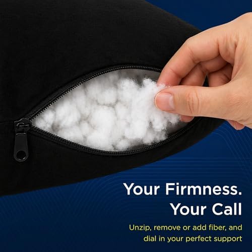 Next-GEN SleepLog Bone Shaped Chiropractic Neck Pillow – Adjustable Fill Cervical & Lumbar Support with 60" Positioning Strap – Latex Free – Full 15"x7" Black