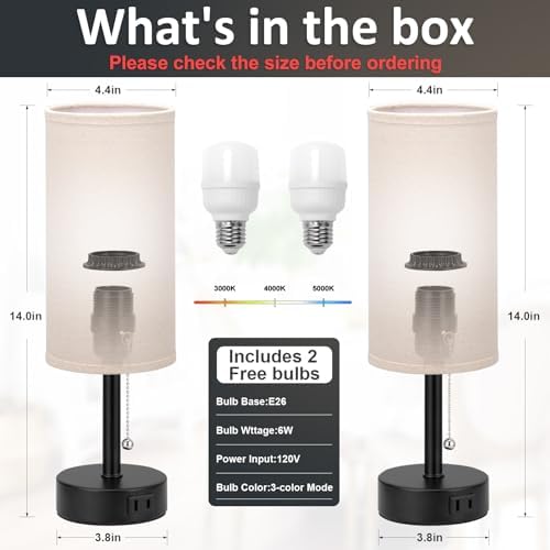 Beige Bedside Table Lamps Set of 2 - Bedroom Lamp for Desk, AC Outlet