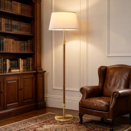 ZenGlimmer Mid Century Dimmabe Floor Lamp, Dark Walnut Wood Pole Standing Lamp with 18” Linen Shade, Brushed Gold Aluminum Accents, 11” Weighted Base for Living Room Bedroom