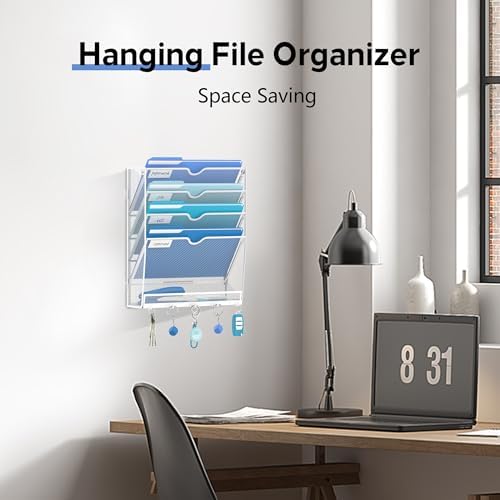 5-Tier Wall File Organizer and Mail Organizer with 5 Hooks, White