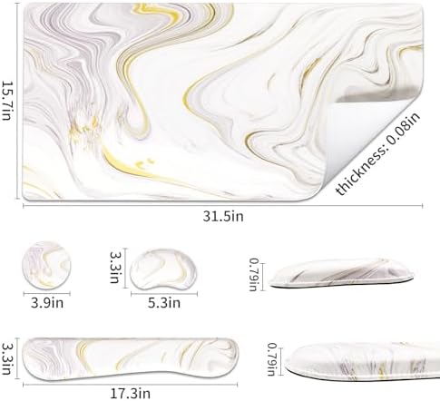 QiyI PU Leather Desk Mat Set, 4-in-1 Ergonomic Wrist Rest, White Marble