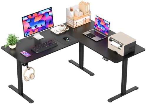 Furmax 63 x 55 Inch L Shaped Standing Desk with 2 Preset Heights, Electric Height Adjustable Computer Table, 2 Hooks & Feet Balance, Corner Sit Stand Desk for Home Office (Black, 63 x 55 Inch)