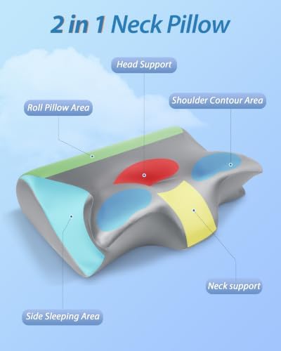 HOMCA Memory Foam Cervical Pillow, 2 in 1 Ergonomic Contour Orthopedic Pillow for Neck Pain, Contoured Support Pillows for Side Back Stomach Sleepers with Satin Pillowcase (Satin Gray)