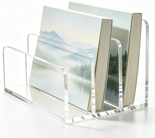 Clear Acrylic Mail Organizer for Desk, 3-Compartment Vertical Letter Sorter and Desktop File Holder for Bills, Envelopes, Documents, Folders, Notebooks, Home Office Countertop