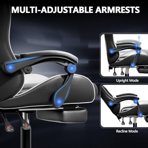 Mr IRONSTONE Black Gaming Chair with Footrest, Ergonomic High Back Gamer Chair with Massage Lumbar Support, Reclining Video Game Chair with Adjustable Headrest, Swivel Computer Desk Chair