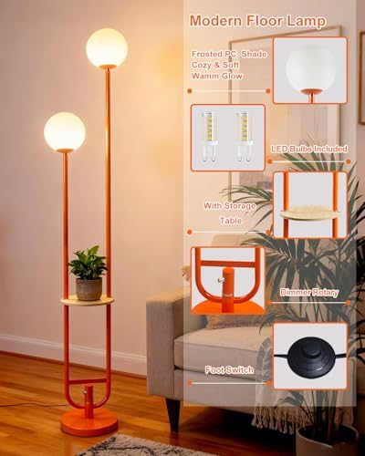 63IN 2-Globe Orange Floor Lamp Dimmable Tall Standing Lamps with Table 3000K Warm White Unique Modern Mid Century Floor Lamp with 5Lbs Heavy Base for Living Room Bedroom Home Office
