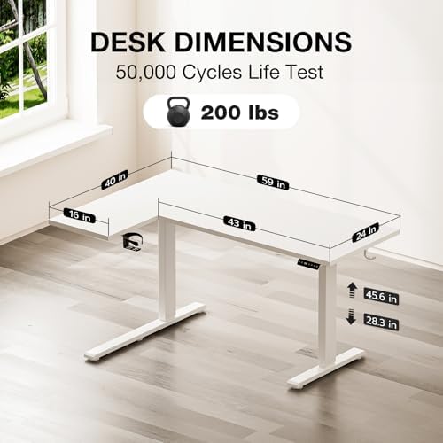 Muvai 59" L Shaped Standing Desk with Cable Tray, Reversible, White
