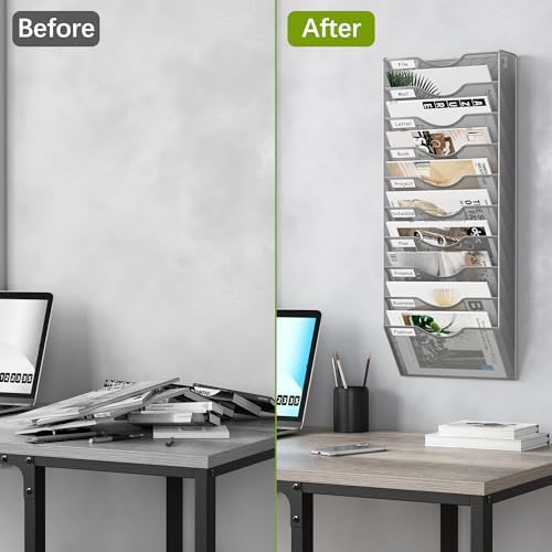 EasyPAG 10 Pocket Mesh Wall File Organizer, Hanging Paper Folder Holder with Classify Label, Vertical Wall Mount Mail Organizer for Office Home Classroom, Silver
