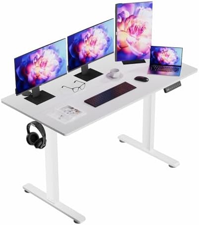 Electric Height Adjustable Standing Desk, 48 * 24 Inch Sit Stand Up Desk, Ergonomic Computer Desk with 2 Headphone Hook for Home Office Sturdy Writing Workstation, Gaming Room