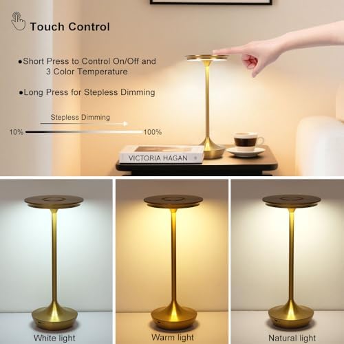 LED Cordless Table Lamp Rechargeable,Portable 6000mAh Battery Outdoor Bedside Table Lamps,3 Color Stepless Dimming Touch Battery Powered Lamp, Table Light for Restaurant/Patio/Camping/Bedroom(Gold)