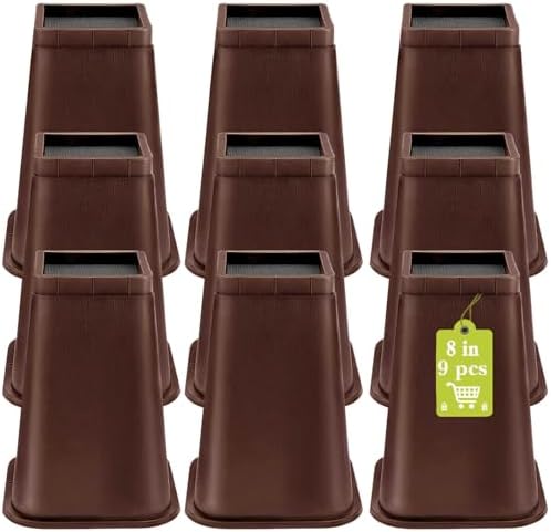 9 Pack Furniture Risers 8 Inch, Bed Risers Heavy Duty for Table Desk Couch Chair Sofa Cabinet Bed Frame Dorm, Square Table Leg Risers Lift Height 8", Chocolat Brown