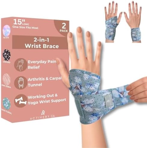 Carpal Tunnel Wrist Brace Left Hand, Right Hand for Women, Day or Night Compression Wrist Support Brace for Fitness, Keyboard Use, or Overnight Support, 2 Pack, Sage Green Floral Print