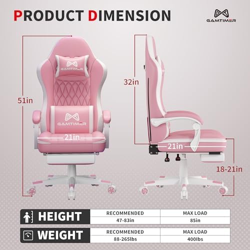 Gamtimer Gaming Chair with Footrest, Ergonomic Computer Chair, PU Breathable Material with Headrest and Lumbar Support, Suitable for Silla Gamer and Adults(Pink)