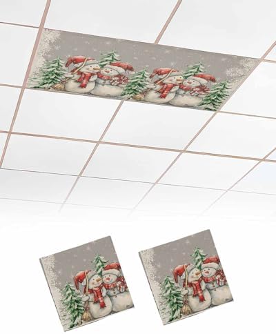 Grey Christmas Magnetic Fluorescent Light Covers for Ceiling Lights 2 x 4 Feet,Snowman Snowflakes Green Pine Tree Retro Office Classroom Kitchen Drop Ceiling Light Covers Filters Shade Panel 2 Packs