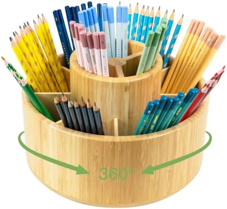 Utoplike Large Bamboo Rotating Pencil Holder, 360° Colored Pen Organizer