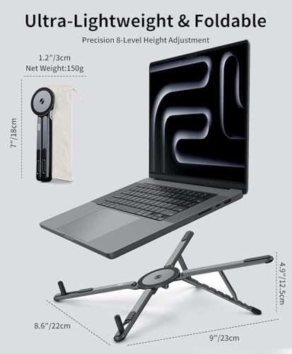 miley Laptop Stand for Desk, 8-Level Adjustable, Magnetic Phone Mount Gray