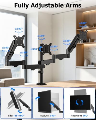 FORGING MOUNT Triple Monitor Mount for 13 to 32 inch Screens, Adjustable 3 Monitor Desk Mount, Triple Monitor Stand with Swivel, Tilt, Rotation, Clamp & Grommet Kit