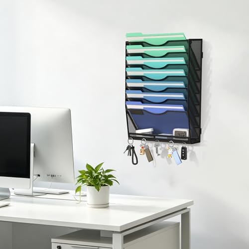Gawerk Hanging Wall File Organizer with 5 Hooks - Wall Mounted Mail Paper Document Folder Holder, Sturdy Mesh Magazine Rack for Office Home (7+1 Tier)