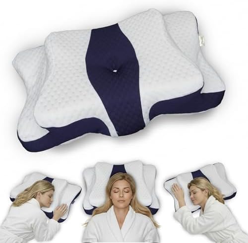 Ergonomic Cervical Neck Pillow for Sleeping – Memory Foam Cervical Pillow for Side Sleepers and Back Sleepers – Contour Neck Support (Navy Blue/White)