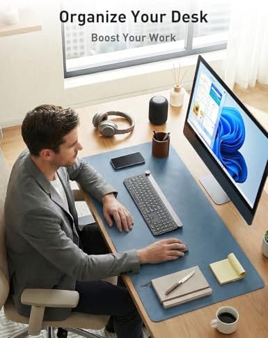 Aothia Faux Leather Desk Mat - Non-Slip PU Leather Desk Blotter, Waterproof Writing Surface, Large Desk Pad for Office & Home (Denim Blue, 55" x 17")