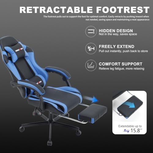 Ergonomic Gaming Chair with Footrest,Video Gaming Chair for Adults,Blue