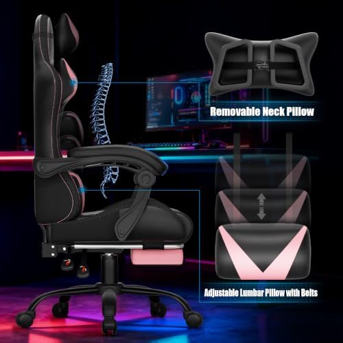 Czlolo Gaming Chair, RGB LED Lights Computer Chair with Footrest, Lumbar Support Massager Gamer Chair, High Back, 90-135° Reclining, Linkage Armrests, Pink