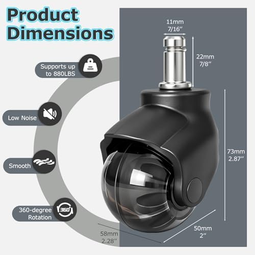 Office Chair Wheels, 2 Inch Heavy Duty Roller Chair Wheels for Hardwood Floor, 11x22mm Universal Fit, Silent & Scratch-Free, Set of 5 Replacement Wheel Casters for Office Chair Desk Chair Gaming Chair