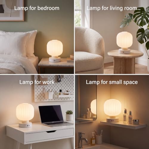 Elenhome Touch Bedside Glass Table Lamp Set of 2 with 3 Way Dimmable Light, Small Table Lamps with USB C+A Charging Ports - Bedroom Nightstand & Living Room Essential, Bulb Included
