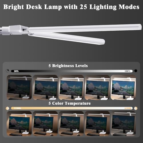 GAEFURY LED Desk Lamp for Home Office, 24W Bright Desk Lamp with Phone Holder Base - 25 Lighting Modes Eye-Caring Desk Light Adjustable Gooseneck Lamp for Workbench Drafting Reading Study-White