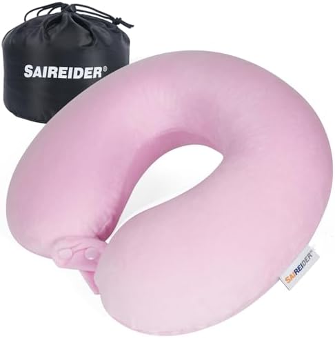 SAIREIDER Travel Neck Pillow 100% Pure Memory Foam Airplane Pillow for Head Support,Soft Adjustable Pillow for Plane, Car & Home Recliner with Storage Bag (Pink)