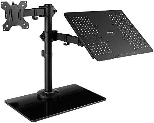 VIVO Free Standing Single Computer Monitor and Laptop Combo Desk Stand with Sleek Glass Base, Fits up to 32 inch Monitors and 17 inch Laptops, Black, STAND-V002FGL