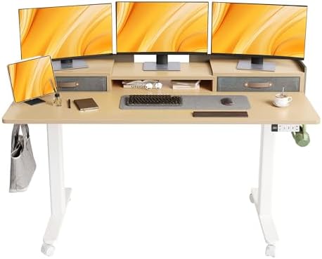 Claiks Standing Desk with Drawers & Wheels, 2 Height Shelf 63" Natural
