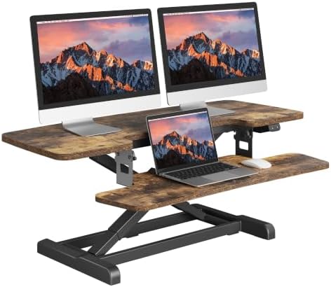 SANODESK Standing Desk Converter with Electric Motor 42" Height Adjustable Riser for Office Home,Dual Monitor and Laptop Workstation with Large Keyboard Tray, Rustic Color